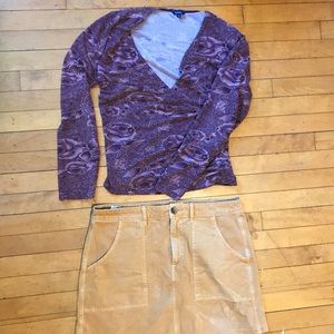 OUTFIT: shimmery, purple floral wrap top w/ yellow skirt